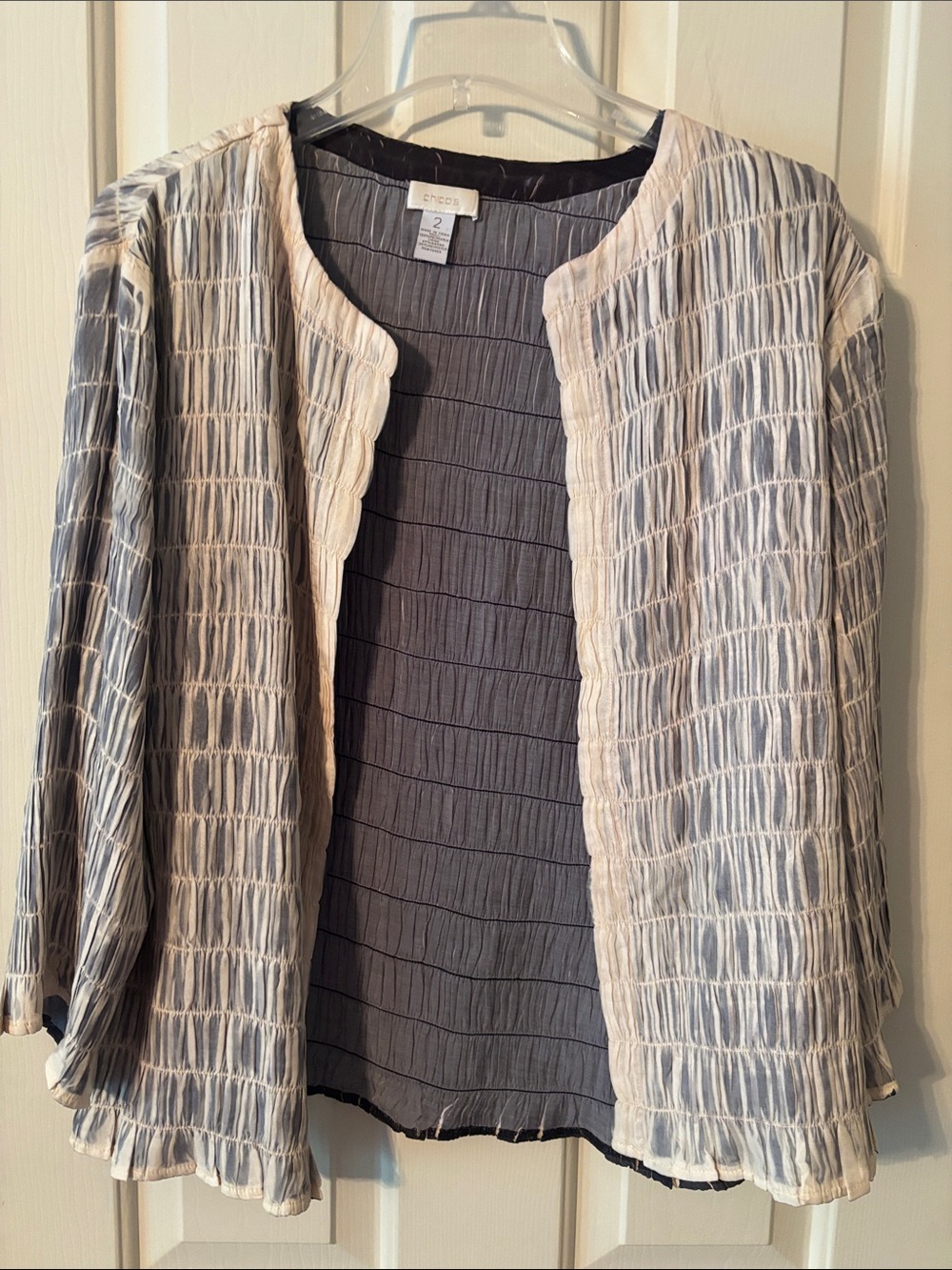 Chico's Cream and Gray Textured Open-Front jacket